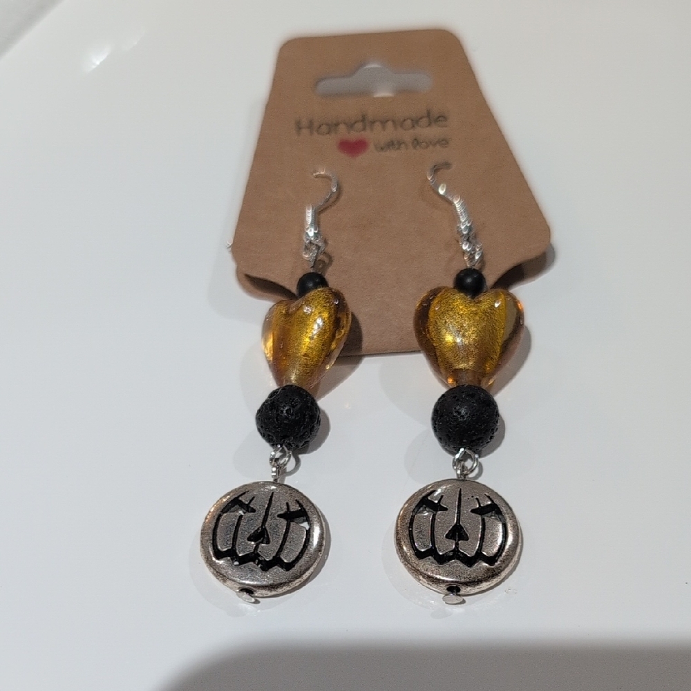 Handmade Obsidian Glass & Lava Stone Drop Jack-o'-lantern Halloween Earrings